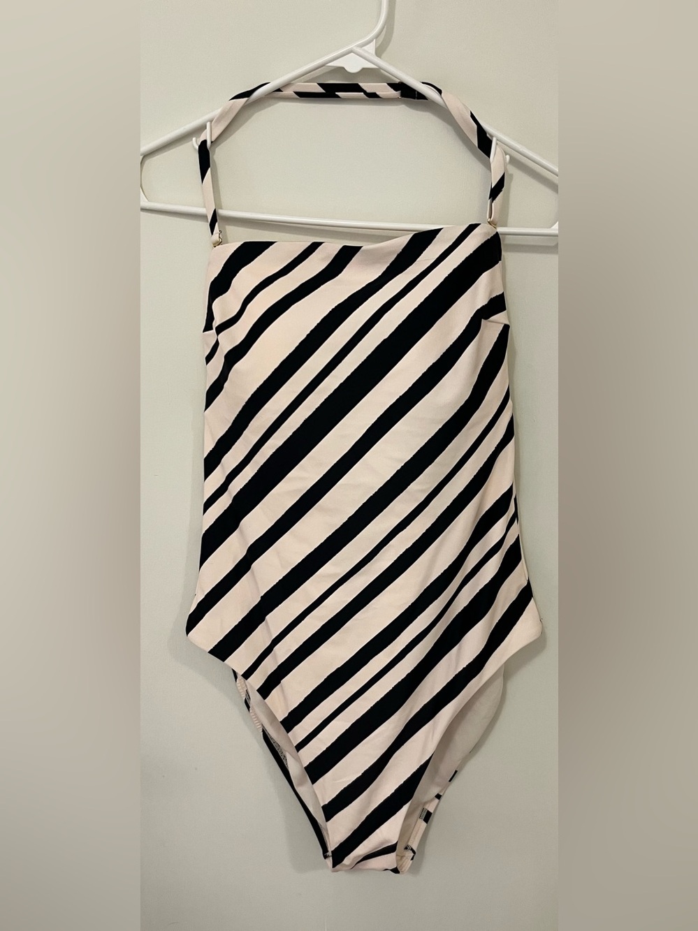 NWT Shade & Shore Black White Striped Halter One Piece Swimsuit L